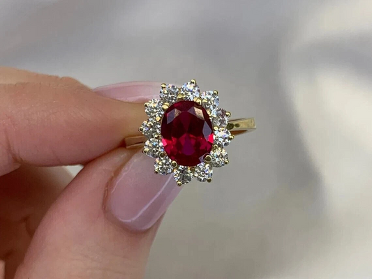 3.40 Ct Oval Natural Ruby & Diamond Wedding Ring 14K Yellow Gold Finish Size 7
