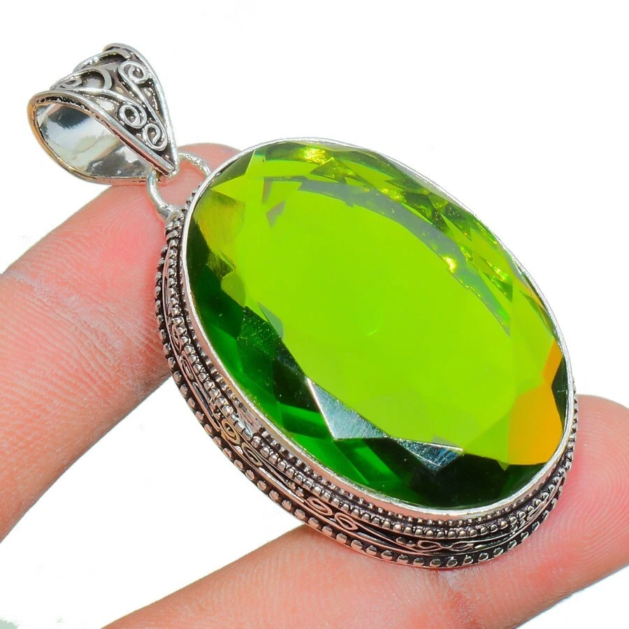 Green Peridot Gemstone Handmade 925 Sterling Silver Oval Cut Jewelry Pendant J22