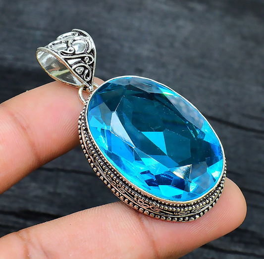 Blue Topaz Gemstone Handmade 925 Sterling Silver Jewelry Pendant Sz-2.2''