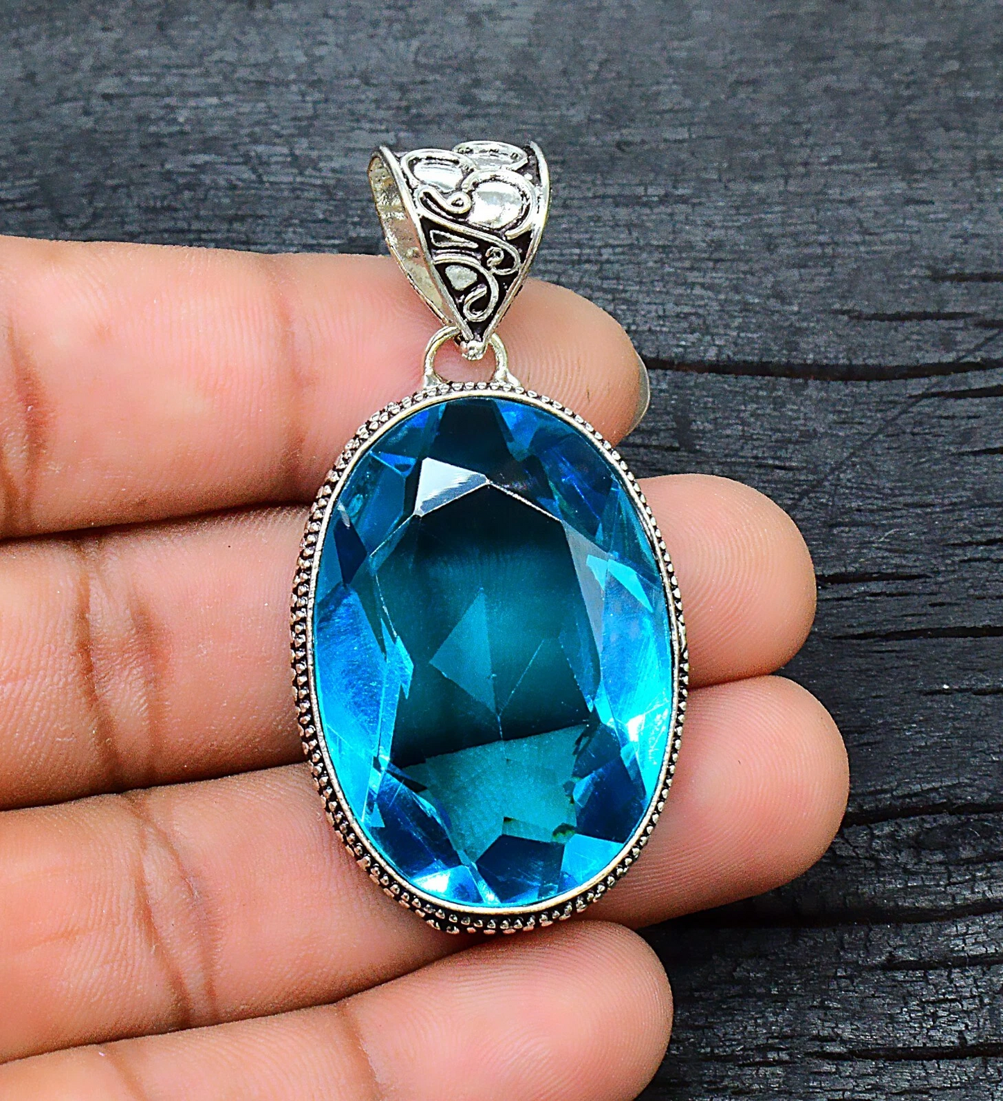 Blue Topaz Gemstone Handmade 925 Sterling Silver Jewelry Pendant Sz-2.2''