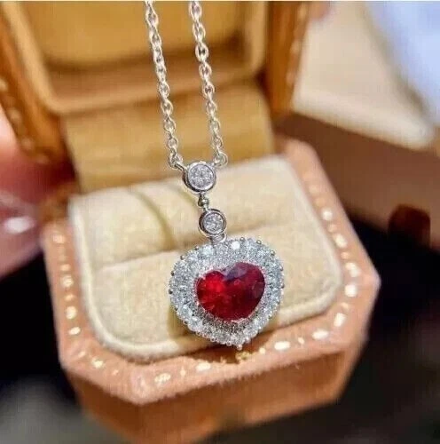 Heart Cut Simulated Red Ruby Women's Pendant With Chain In 14k White Gold Plated