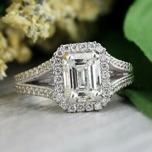 2Ct Emerald Cut Lab Created Diamond Women Engagement Ring 14k White Gold Plated