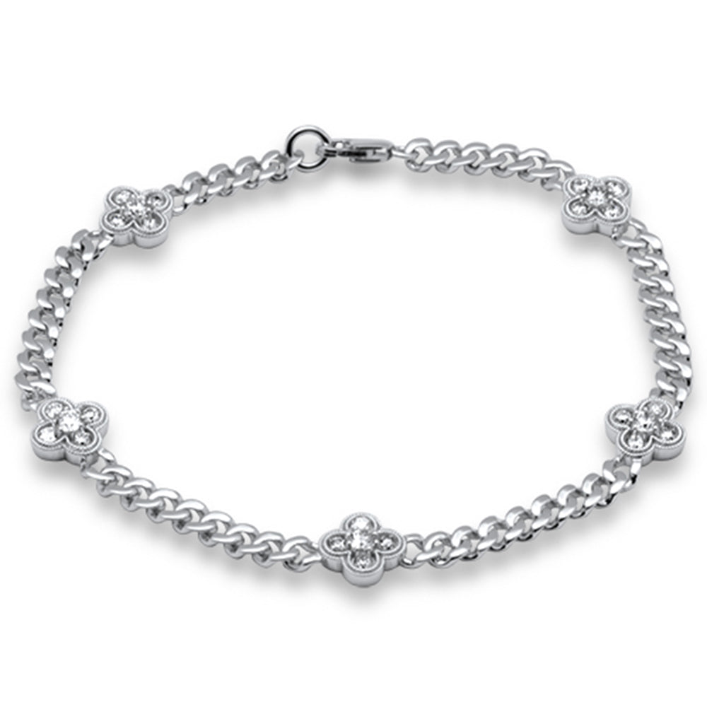1ct G SI 14K White Gold Diamond Flower Style Cuban Bracelet