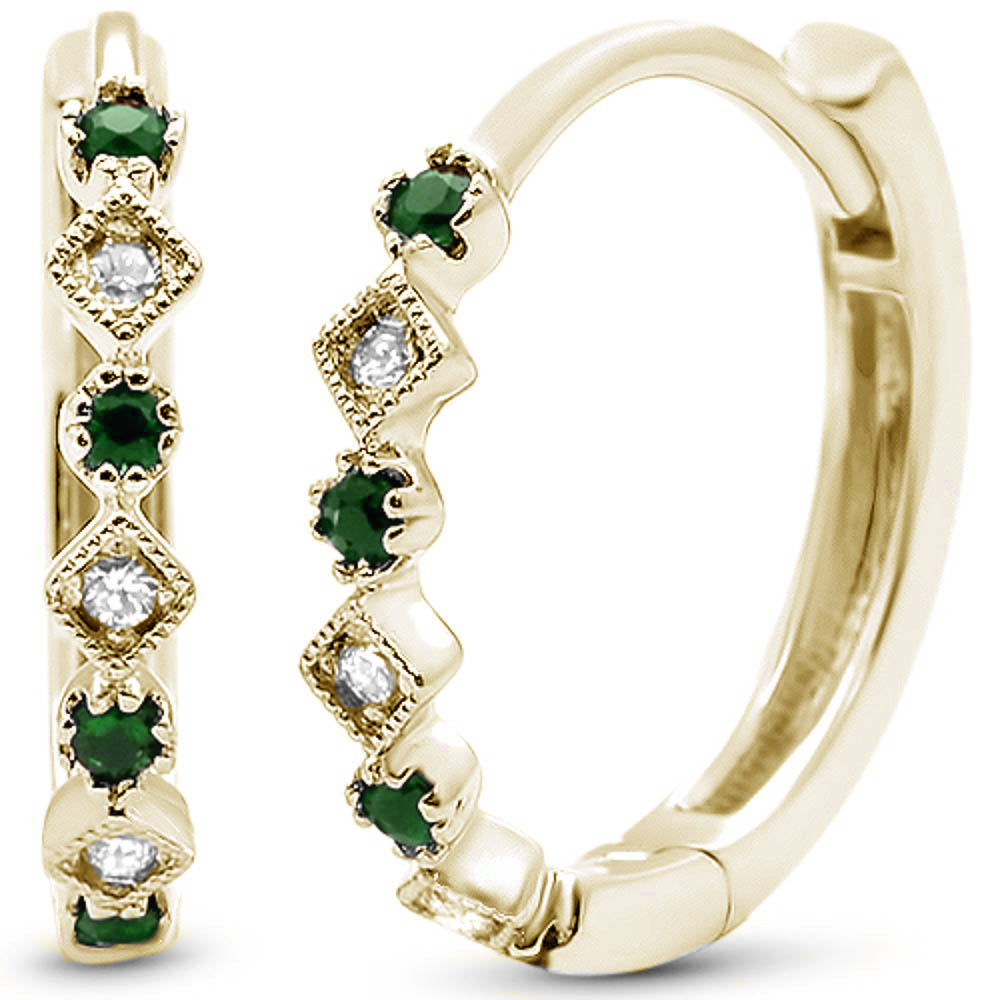 .15ct 14k Yellow Gold Diamond & Emerald Hoop Huggie Antique Earrings