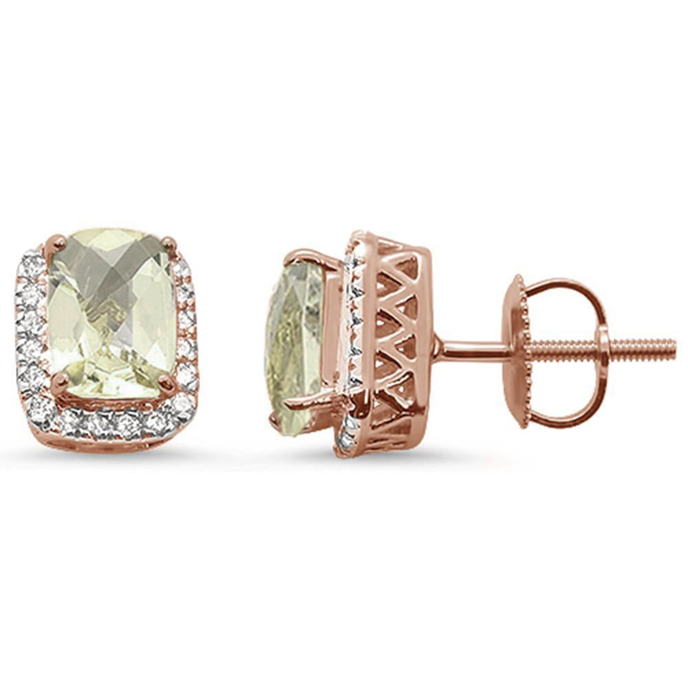 2.2ct 10k Rose Gold Cushion Green Amethyst & Diamond Earrings