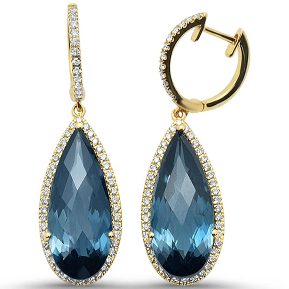 18.5cts 10k Yellow Gold Pear Shape Blue Topaz & Diamond Earrings