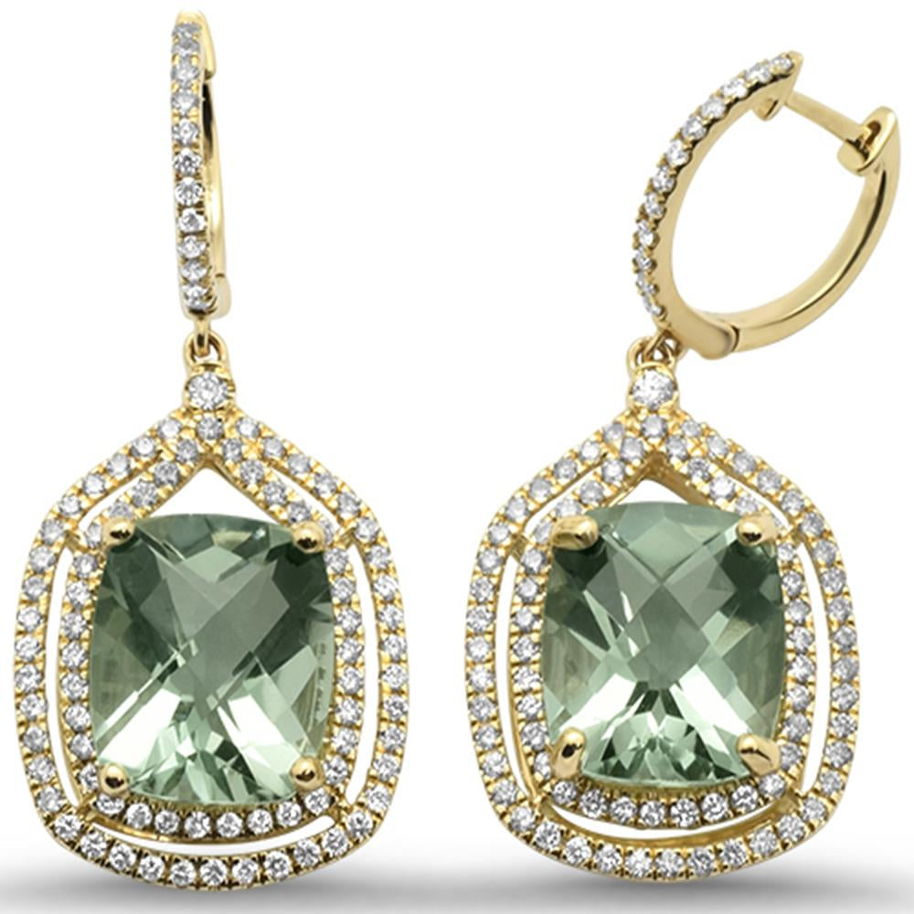 10.67cts 10k Yellow Gold Cushion Green Amethyst & Diamond Earrings