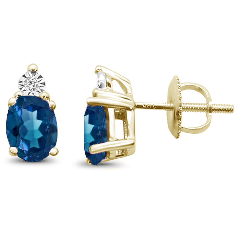 1.27ct G SI 10K Yellow Gold Diamond & Oval Blue Topaz Gemstone Earrings