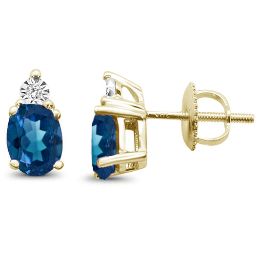 1.27ct G SI 10K Yellow Gold Diamond & Oval Blue Topaz Gemstone Earrings