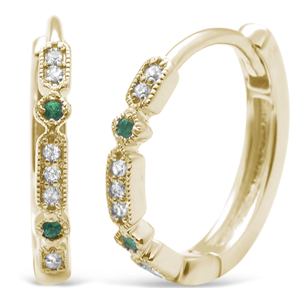 .08CT G SI 14KT Yellow Gold Diamond Emerald Hoop Huggie Earrings