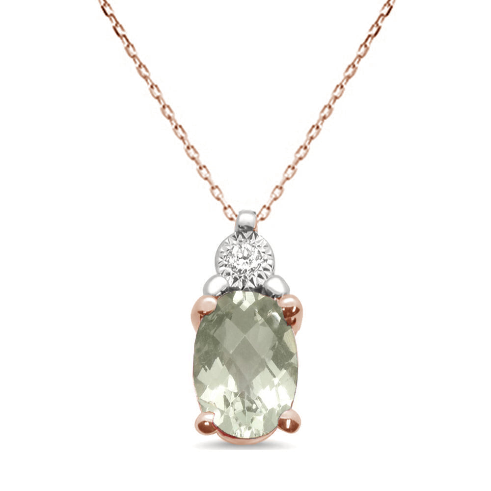 .68ct 10k Rose Gold Green Amethyst & Diamond Solitaire Pendant Necklace 18"