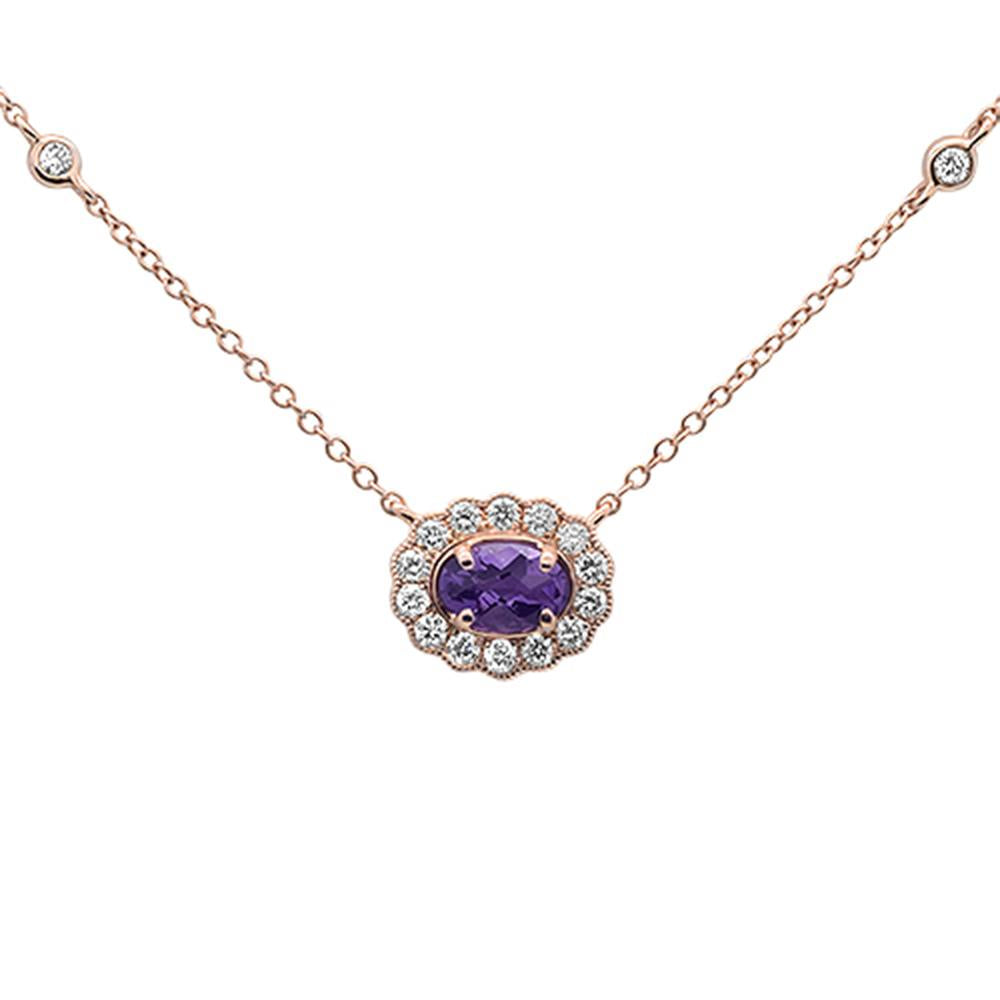 .63cts 14k Rose Gold Oval Amethyst & Diamond Pendant Necklace 18" Long