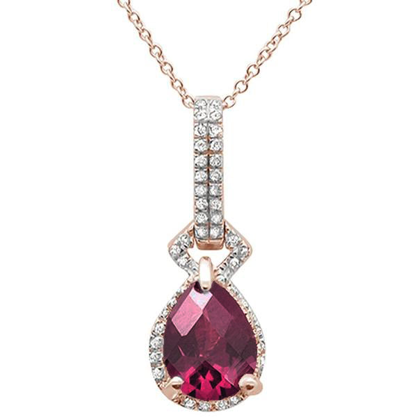 2.23cts 10k Rose Gold Pear Rhodolite & Diamond Pendant Necklace 17" Long