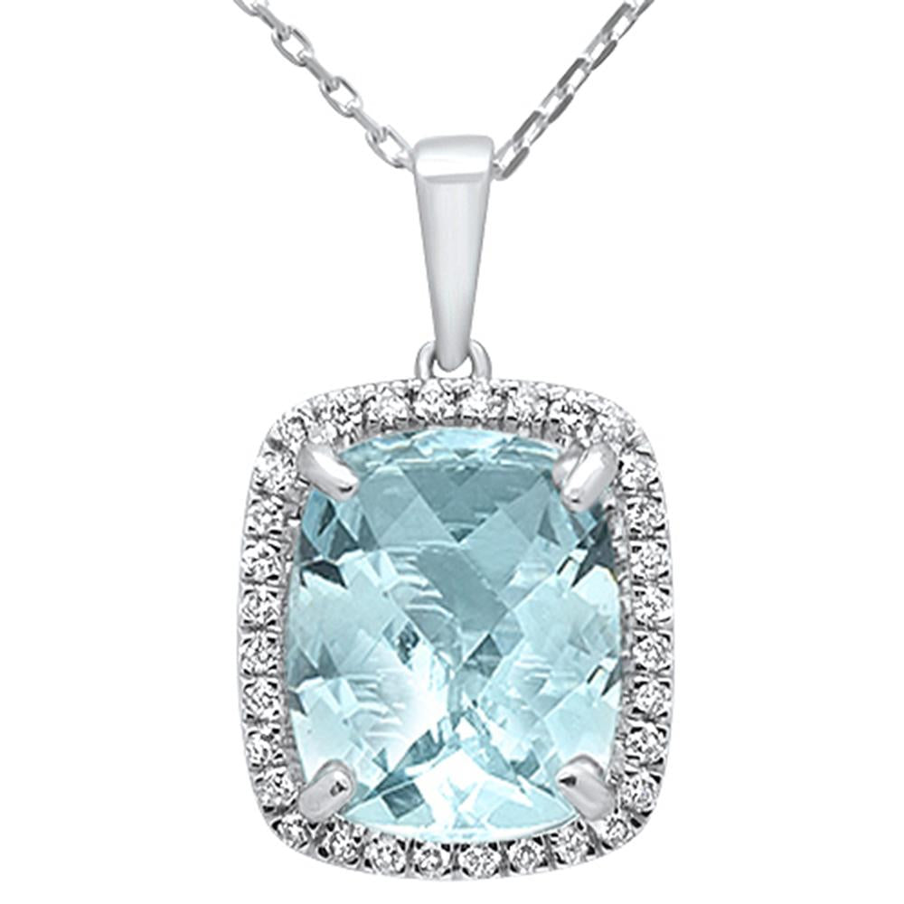 4.38ct 10k White Gold Cushion Aquamarine & Diamond Pendant Necklace 18"
