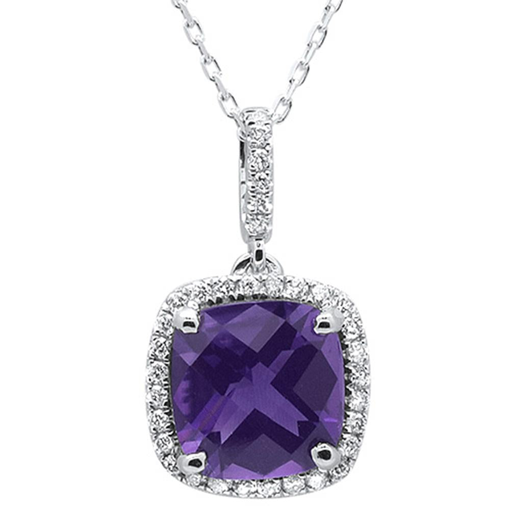 2.74cts 10k White Gold Cushion Amethyst & Diamond Pendant 18"