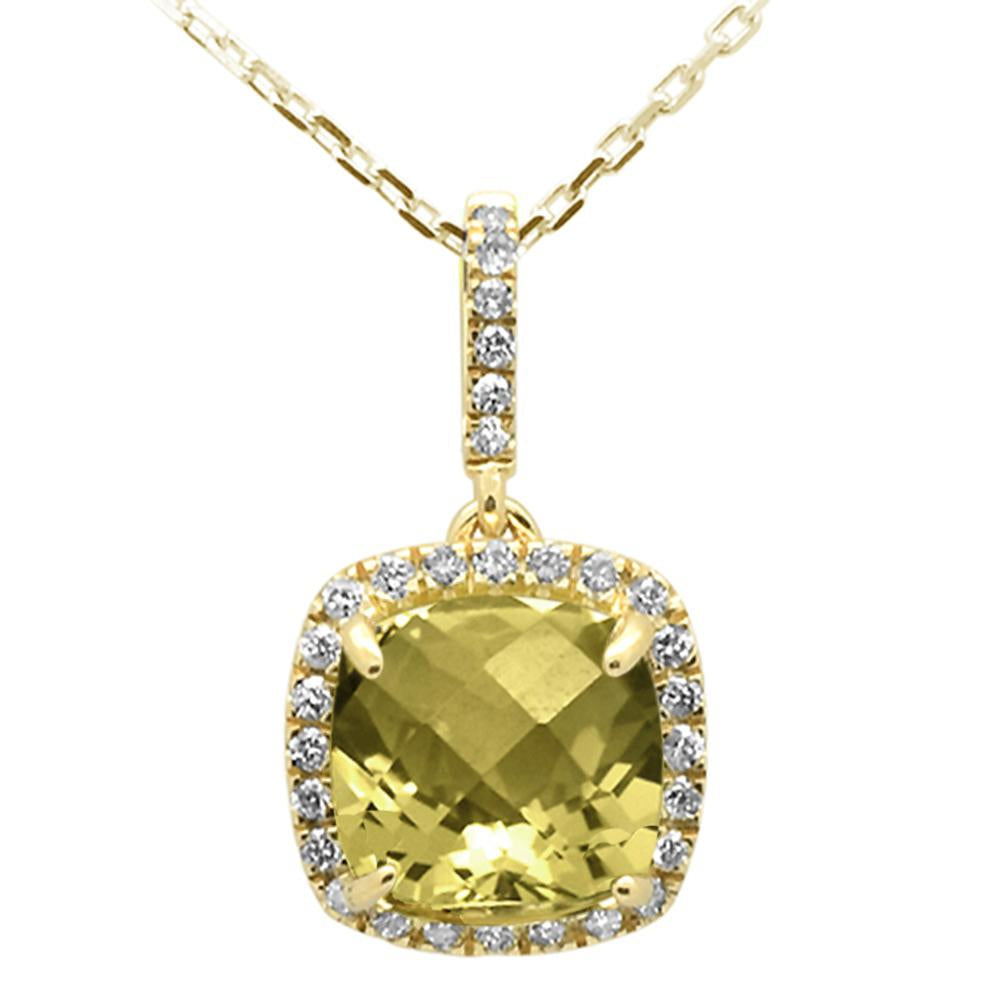 1.97ct 10k Yellow Gold Cushion Olive & Diamond Pendant Necklace 18"