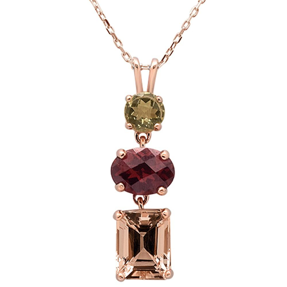 4.03ct 10k Rose Gold Oval Garnet, Morganite & Olive Diamond Pendant 18"