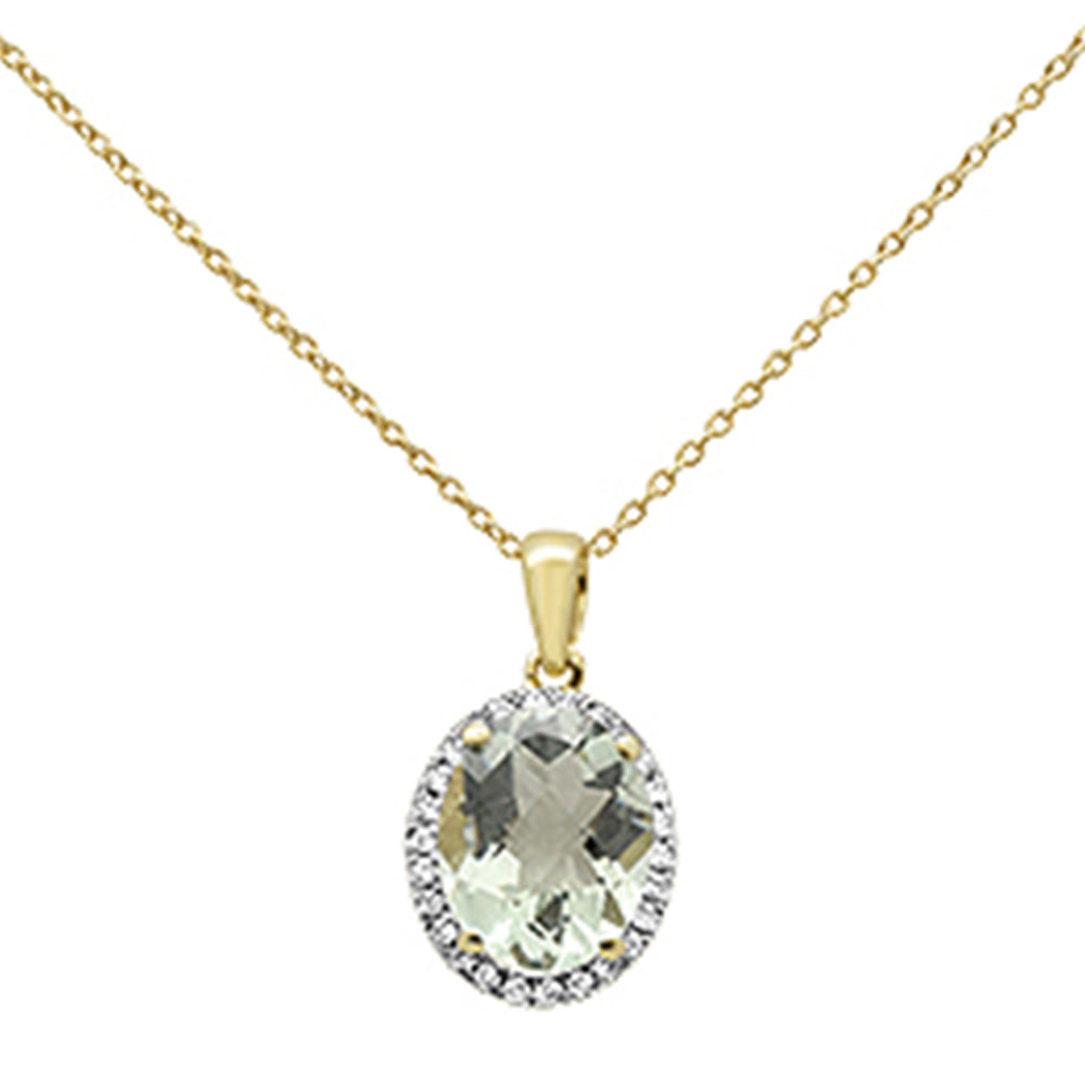 2.59ct Oval Green Amethyst 10k Yellow Gold Diamond Pendant Necklace 18"