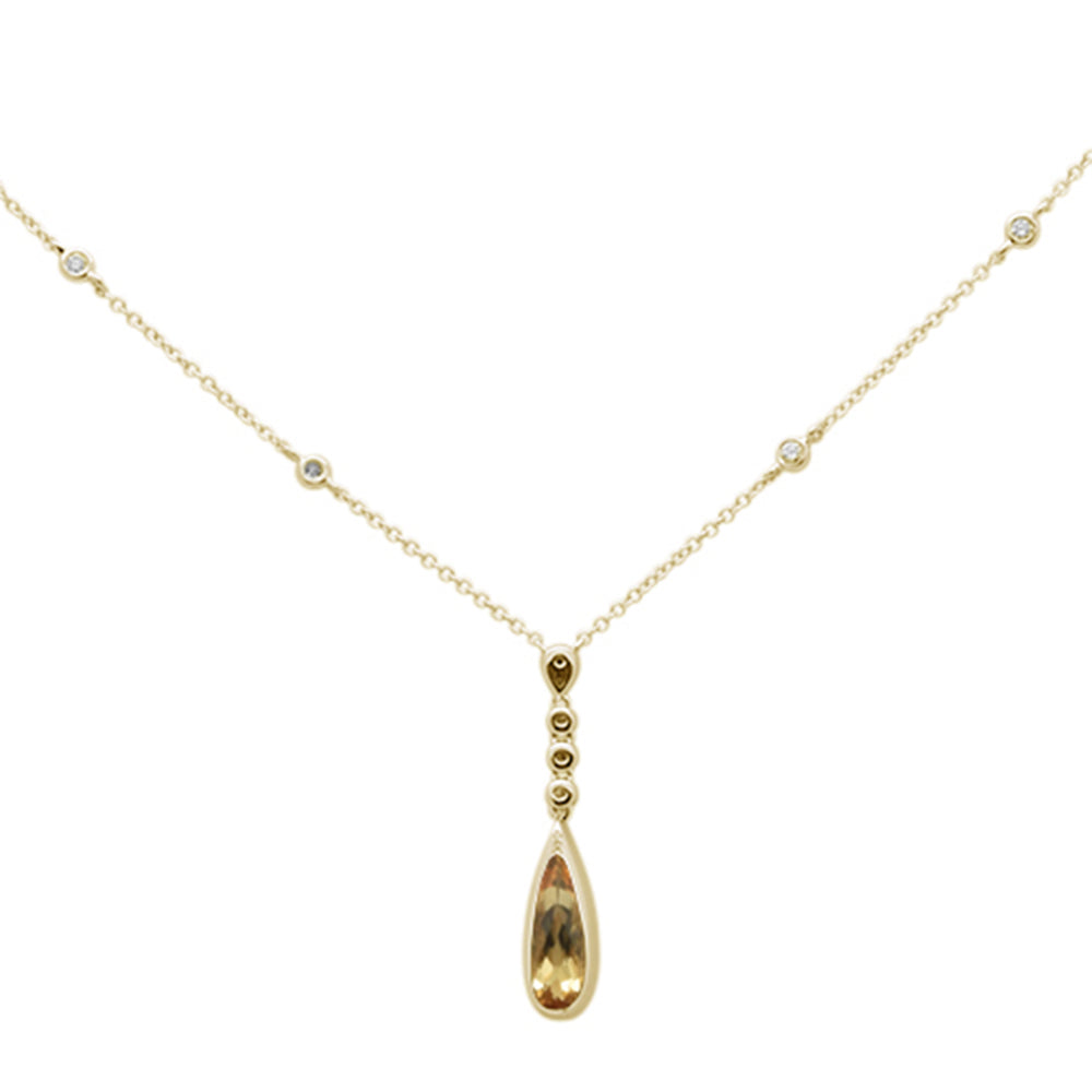 1.08ct 14k Yellow Gold Bezel Citrine & Diamond Drop Pendant Necklace 18"