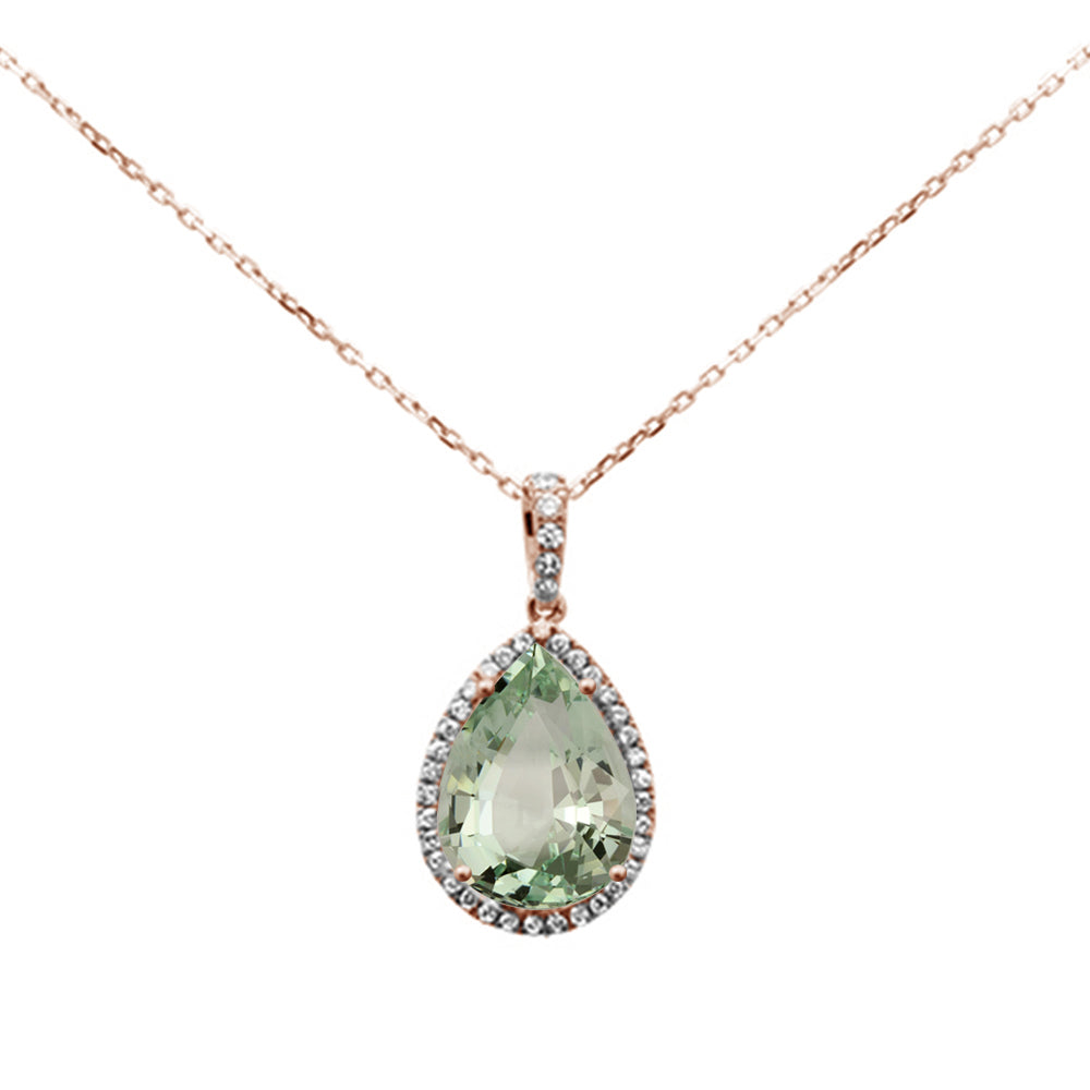 5.08ct 14K Rose Gold Pear Green Amethyst & Diamond Pendant Necklace 16"+ 2" Ext.