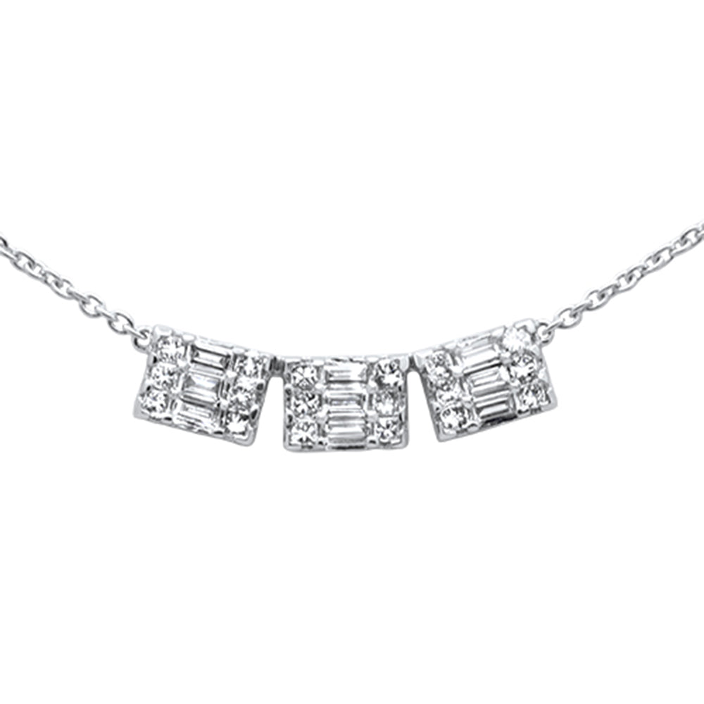 .55ct G SI 14K White Gold Round & Baguette Diamond Three Stone Emerald Shape Pendant Necklace 16"+2" Ext Chain