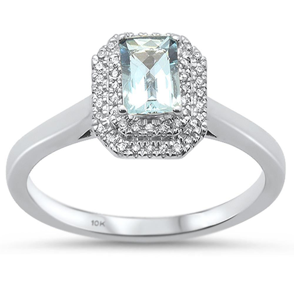 0.89cts 10k White Gold Emerald Cut Aquamarine & Diamond Ring Size 6.5