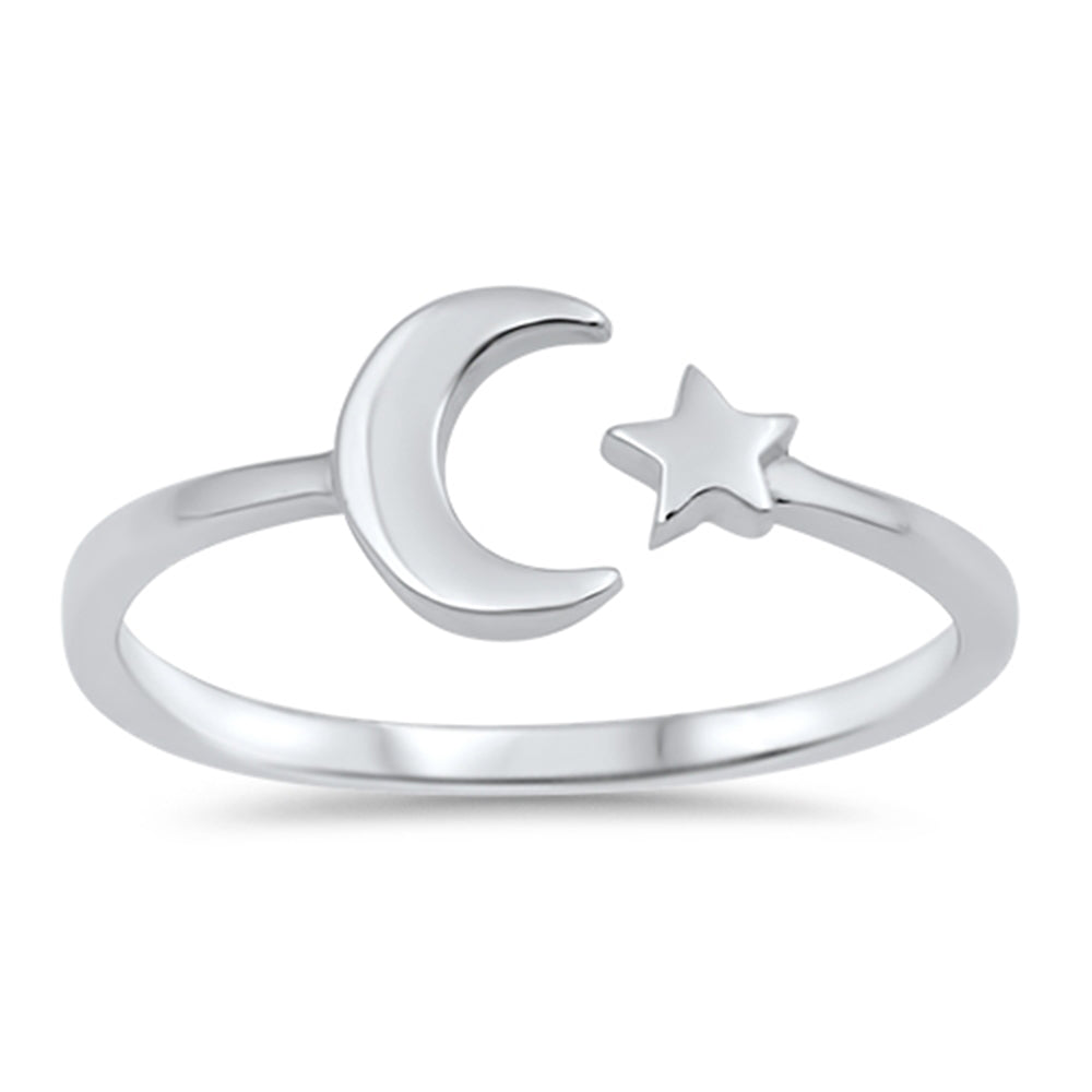 Solid Moon & Star Sterling Silver .925 Sterling Silver Ring Sizes 4-11