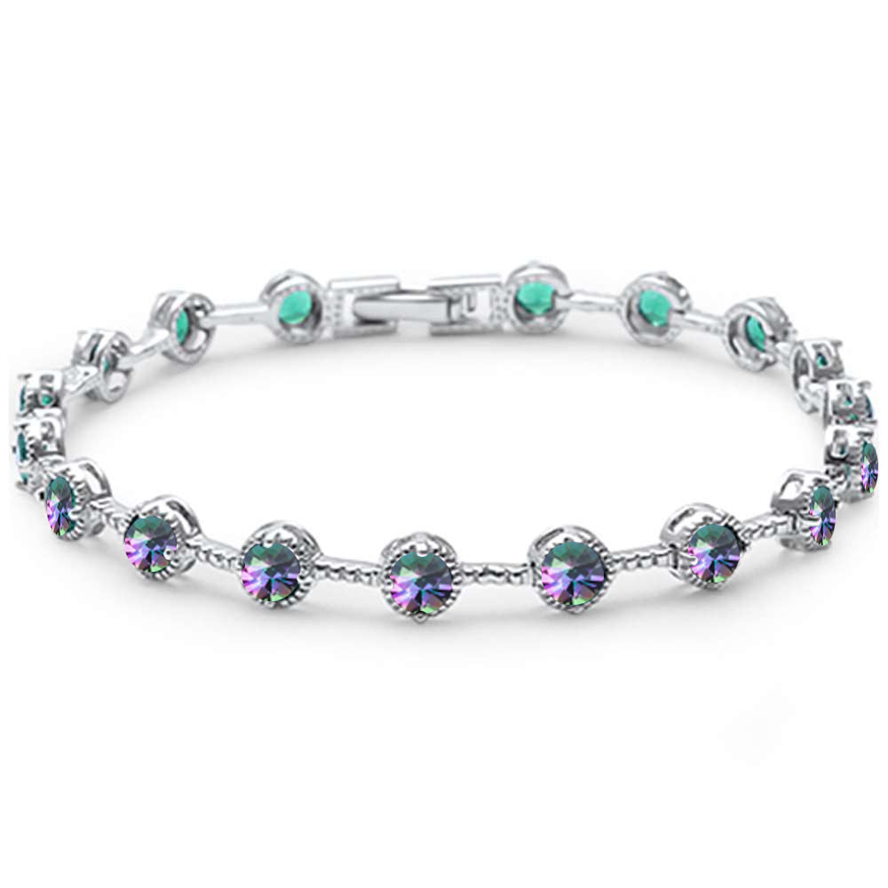 Round Rainbow Topaz CZ .925 Sterling Silver Tennis Bracelet 7" Long