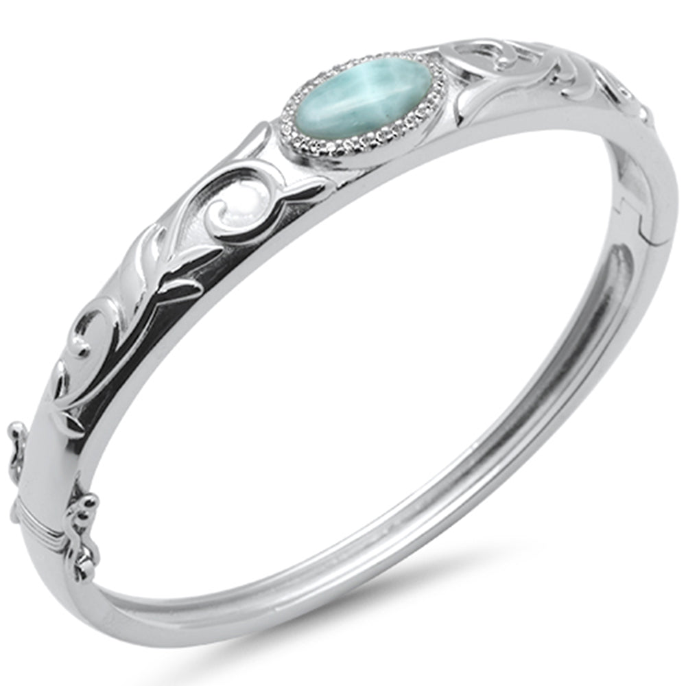 Natural Larimar & CZ Flower Engraved .925 Sterling Silver Bangle Bracelet