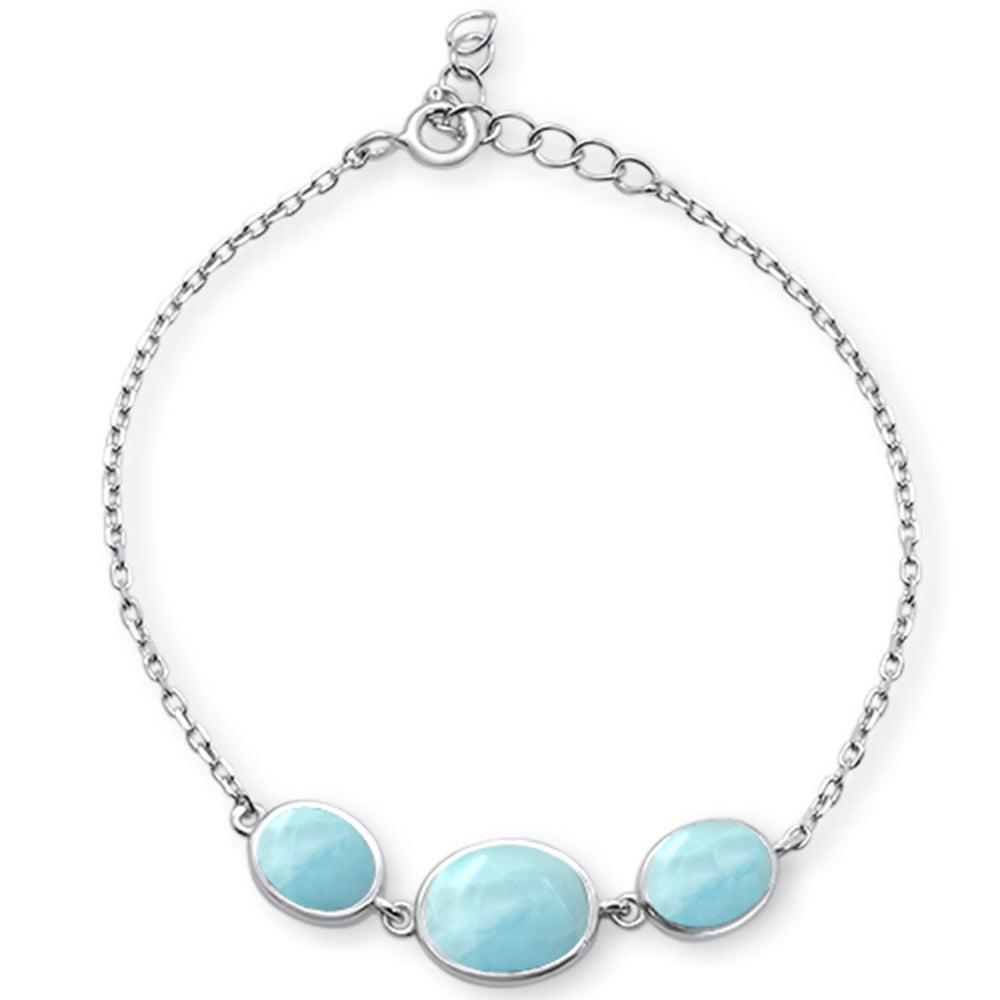 Oval Natural Larimar .925 Sterling Silver Bracelet 6"+1"ext