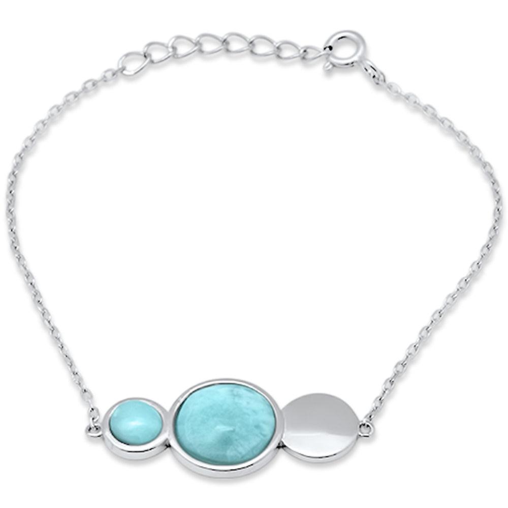 Round Natural Larimar .925 Sterling Silver Bracelet 6" + 1" Adjustable