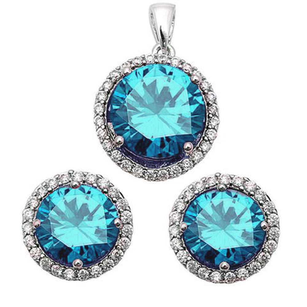 Halo Simulated Blue Topaz .925 Sterling Silver Earrings & Pendant Set
