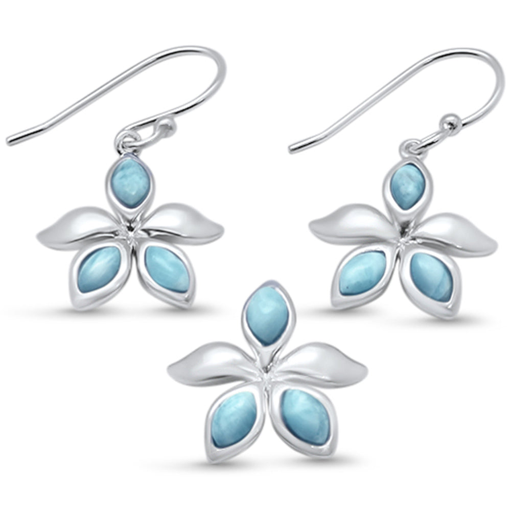 Natural Larimar Flower .925 Sterling Silver Pendant & Earring Set