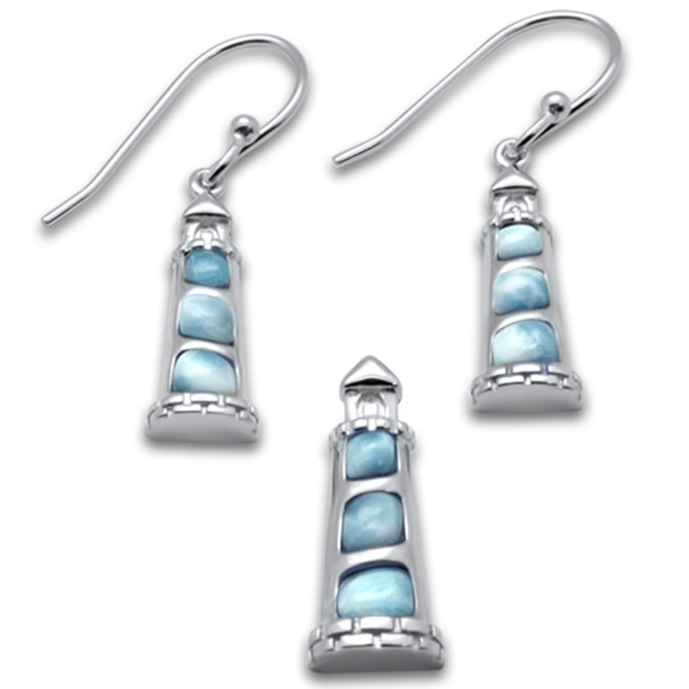 Natural Larimar Lighthouse .925 Sterling Silver Pendant & Earring Set