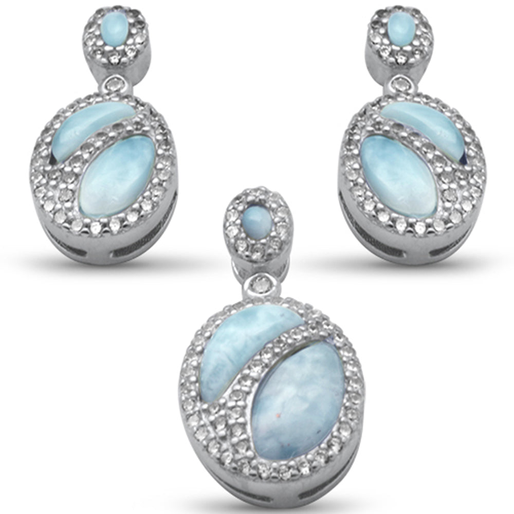 Natural Larimar & CZ .925 Sterling Silver Earring & Pendant Set