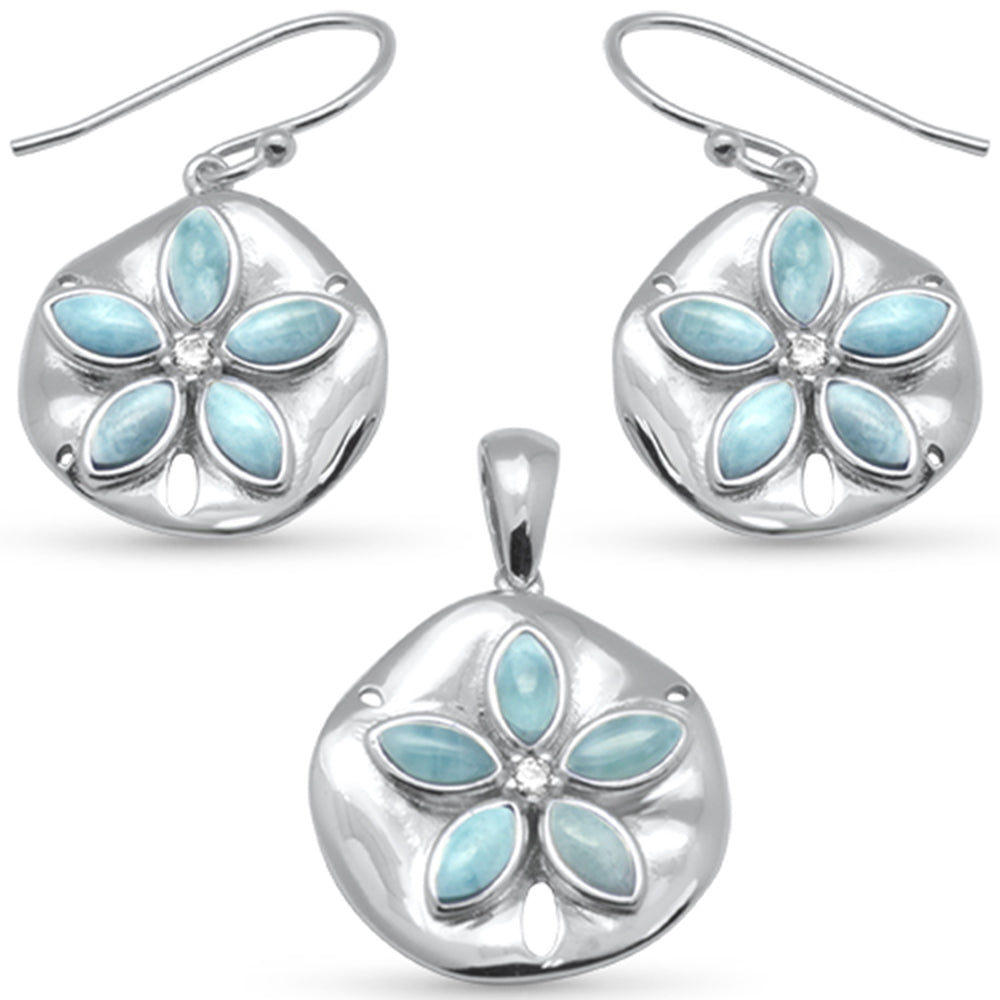 Flower Natural Larimar & CZ .925 Sterling Silver Earring & Pendant Set