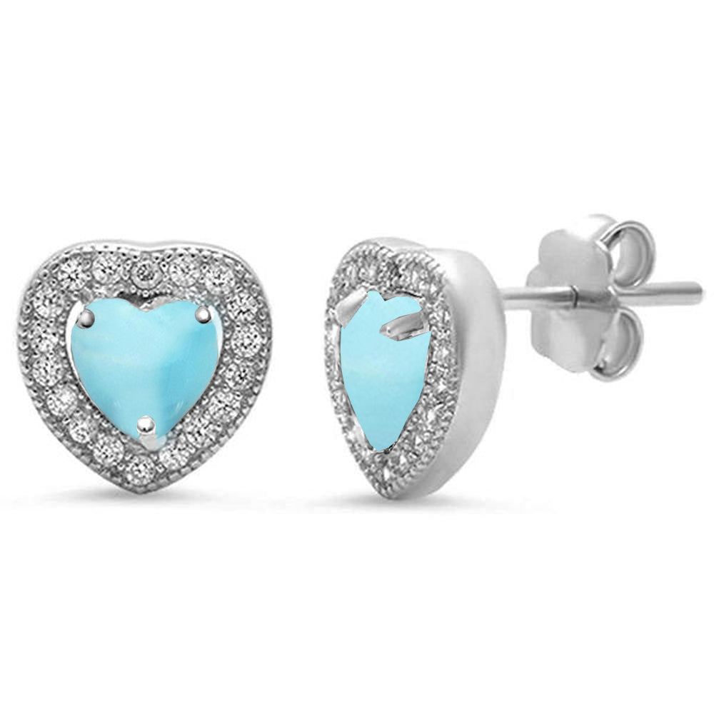 Natural Larimar & Pave Cz Heart .925 Sterling Silver Earrings