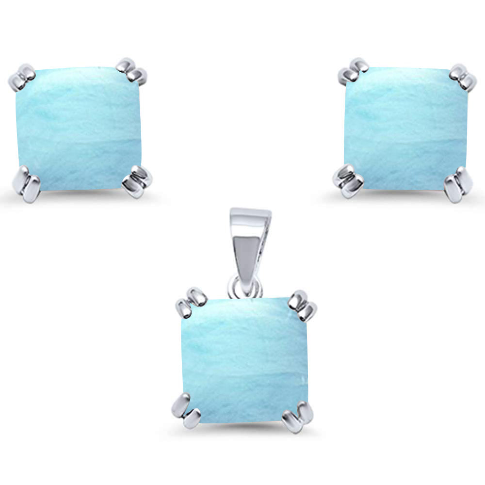 Natural Larimar Cushion Cut .925 Sterling Silver Earring & Pendant Set
