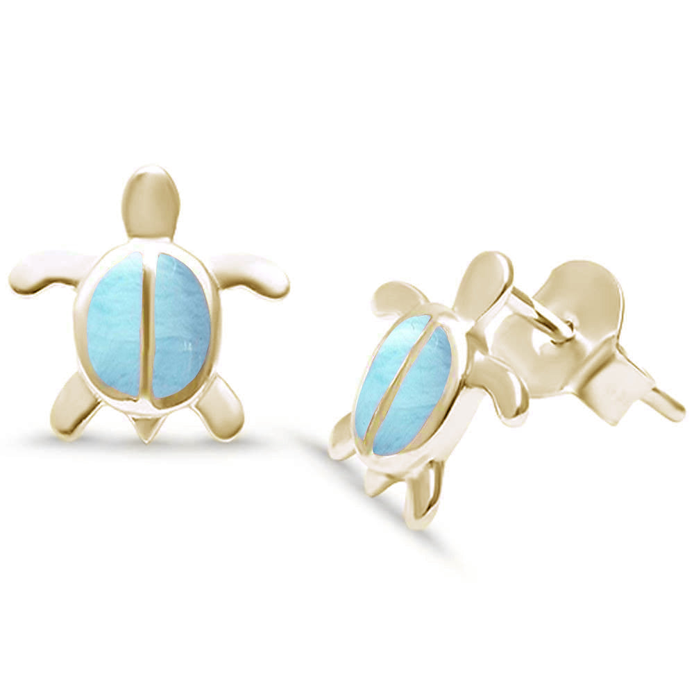 Yellow Gold Plated Natural Larimar Turtle .925 Sterling Silver Earrings