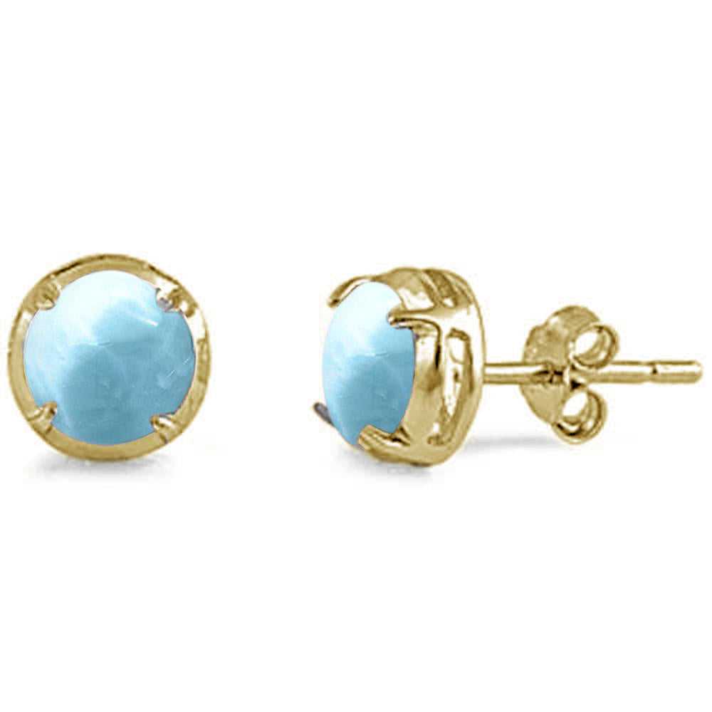 Yellow Gold Plated Round Shape Natural Larimar Stud .925 Sterling Silver Earrings