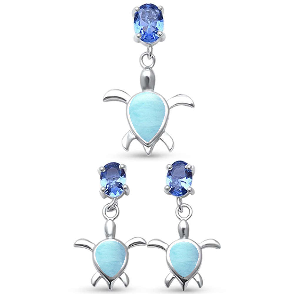 Natural Larimar Turtle & Tanzanite Cubic Zirconia .925 Sterling Silver Earring & Pendant Set