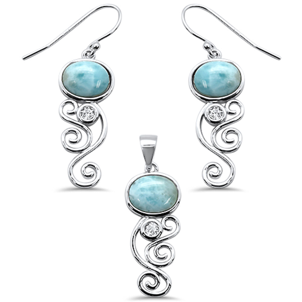 Oval Natural Larimar & Cz .925 Sterling Silver Pendant & Earring Set