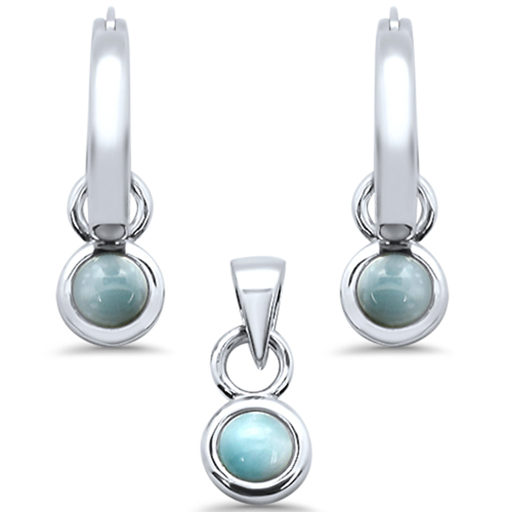 Natural Larimar Dangling .925 Sterling Silver Pendant & Earring Set