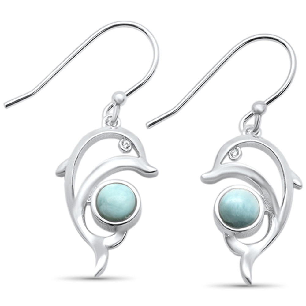 Natural Larimar Dolphin .925 Sterling Silver Drop Dangle Earrings
