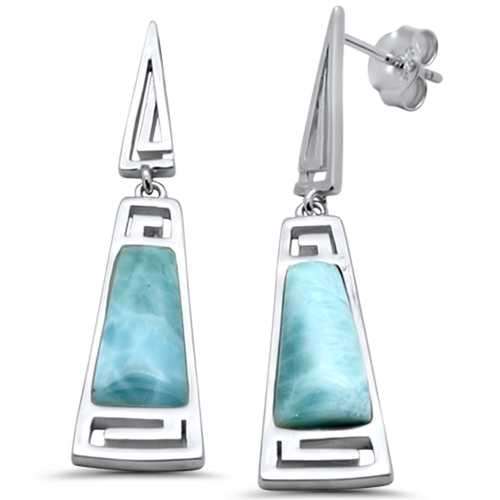 Natural Larimar Greek Design Dangling .925 Sterling Silver Earrings