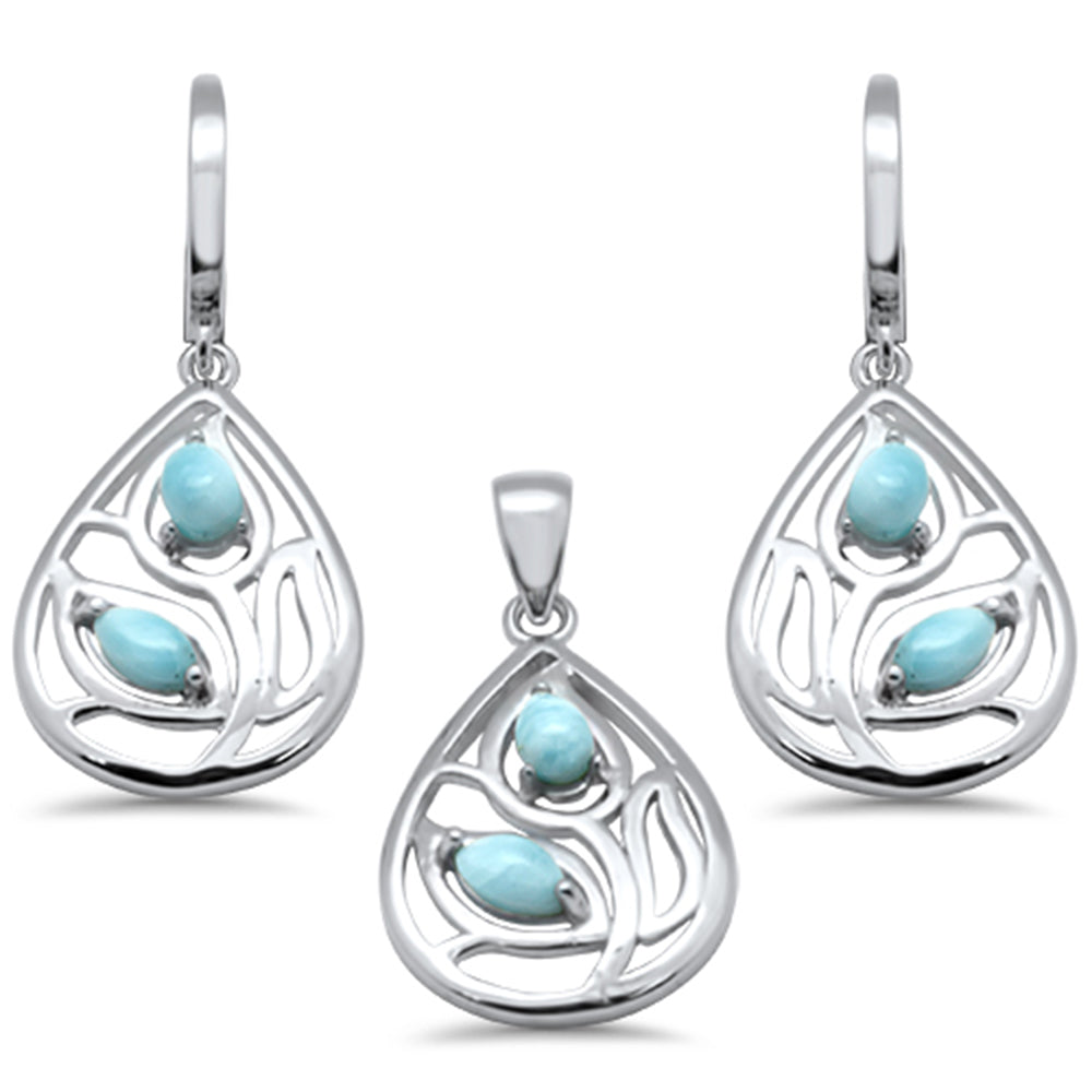 Pear Shape Natural Larimar Leaf Design .925 Sterling Silver Pendant & Earrings Set
