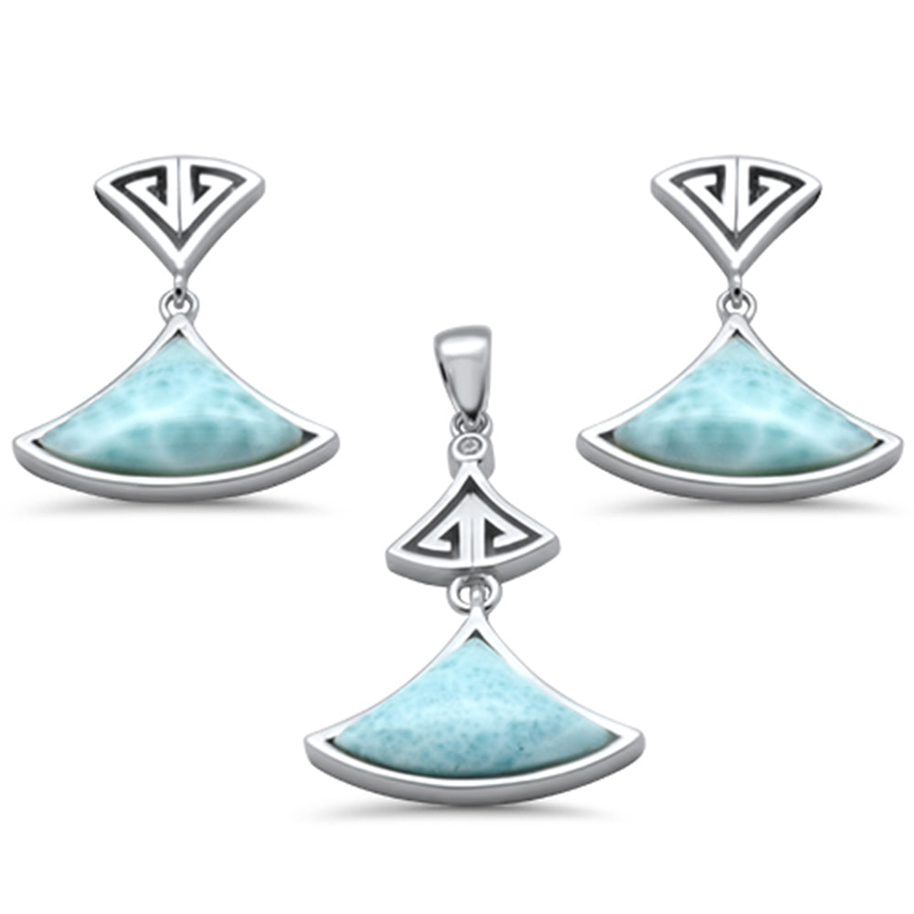SEL-6199-LR-SET Natural Larimar & CZ Greek Design .925 Sterling Silver Pendant & Earrings Set Earring: 1" Long, Pendant: 1.4" Long