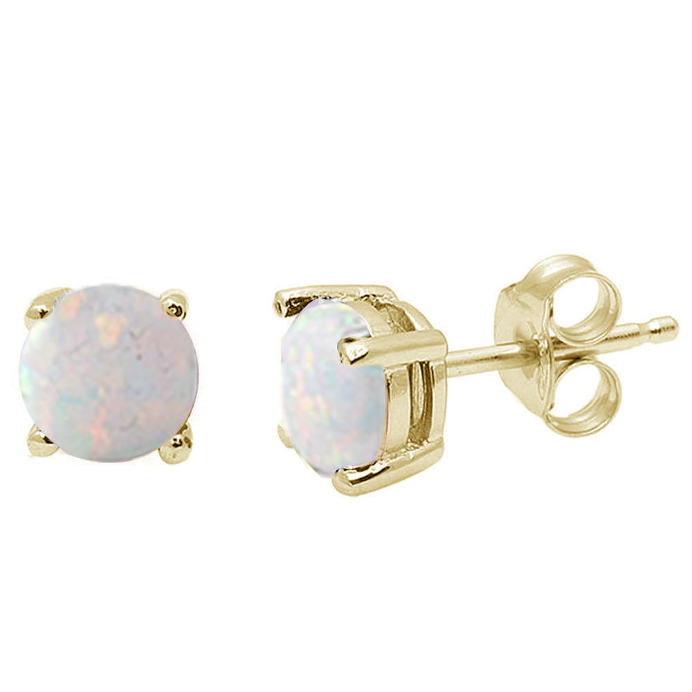 Yellow Gold Plated Round White Opal Stud .925 Sterling Silver Earrings
