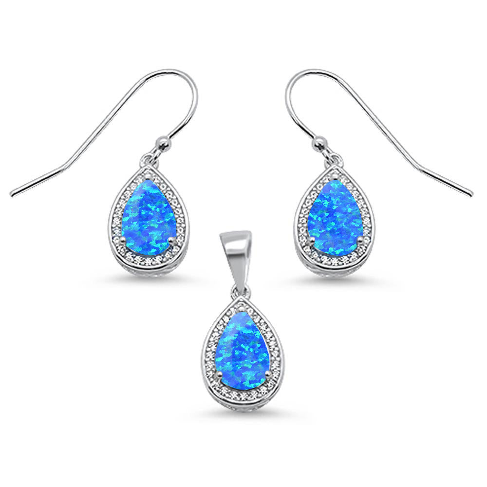 Pear Shape Blue Opal & Cubic Zirconia .925 Sterling Silver Earring & Pendant Set