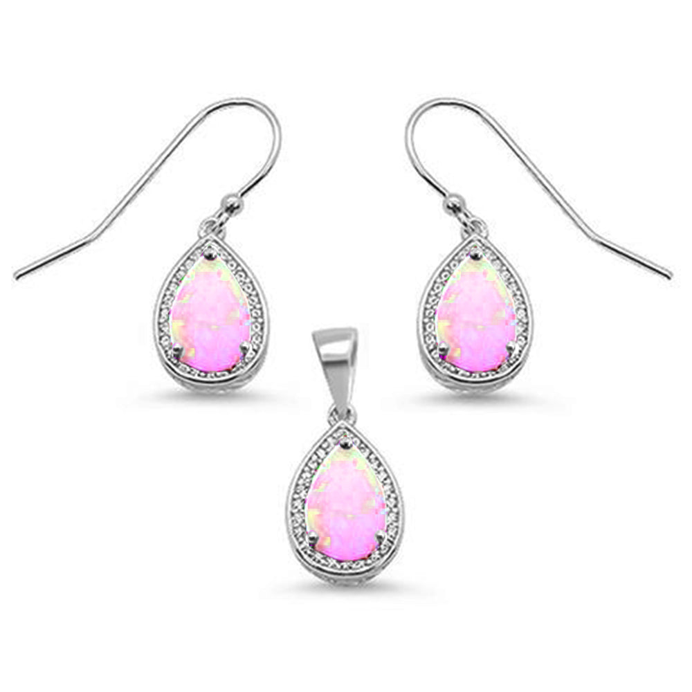 Pear Shape Pink Opal & Cubic Zirconia .925 Sterling Silver Earring & Pendant Set